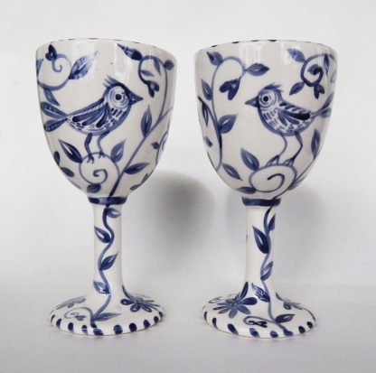 Danasimson.com Custom Wedding goblets; happy nest Delft blue brushwork featuring a garden and birds.