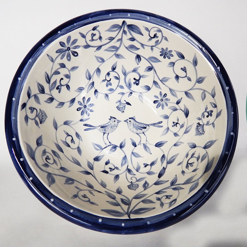 Danasimson.com Delft Blue birds "Happy.nest" bowl has hand painted love birds in a garden with acorns signifying long love.