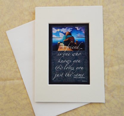 Danasimson.com Matted art card with envelope, "Friends" quote, two people on dock image.