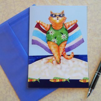 Danasimson.com Gift card "Life's beach" beach cat with towel with vellum envelope