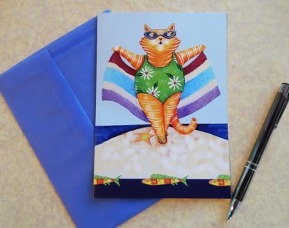Danasimson.com Gift card "Life's beach" beach cat with towel with vellum envelope