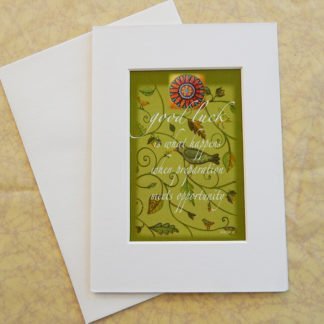 Danasimson.com Matted art card with envelope, "Good Luck" quote, bird and vine image.