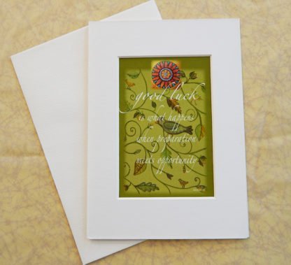 Danasimson.com Matted art card with envelope, "Good Luck" quote, bird and vine image.