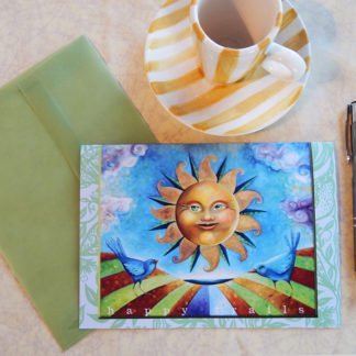 Danasimson.com Gift card "Happy Trails" sunshine face & blue birds with vellum envelope