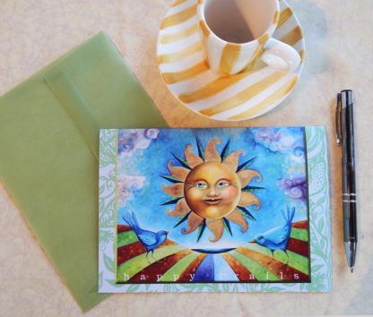 Danasimson.com Gift card "Happy Trails" sunshine face & blue birds with vellum envelope