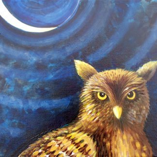 Danasimson.com Original oil Painting "Night Owl" Portrait showing owl against night with a sliver moon, in a black folk art gold scrolled frame.