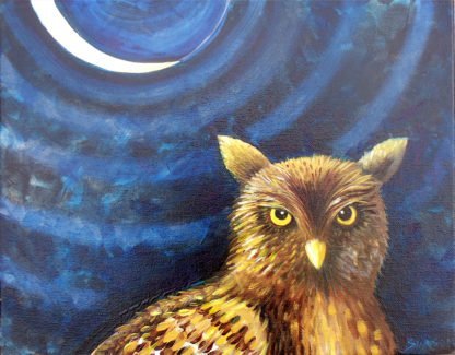 Danasimson.com Original oil Painting "Night Owl" Portrait showing owl against night with a sliver moon, in a black folk art gold scrolled frame.