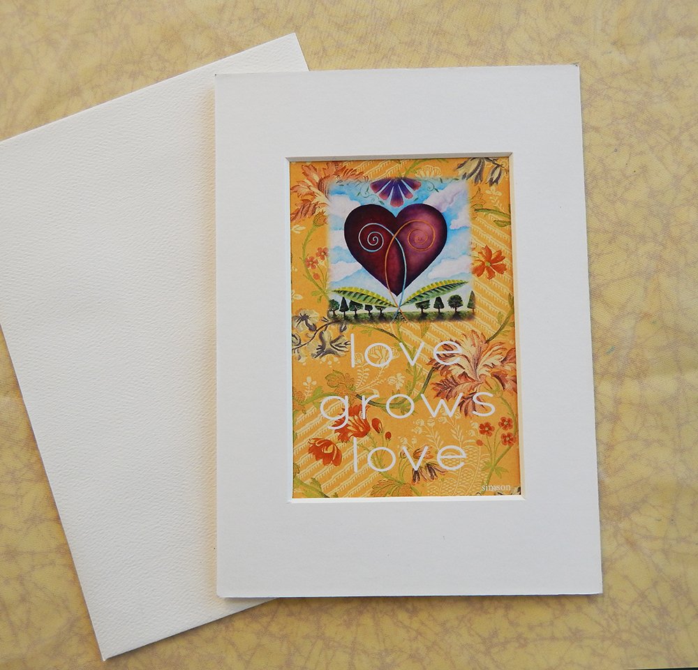 Danasimsoncom Matted art card with envelope, Love blooms image, text love grows love.