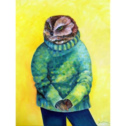 Danasimson.com Original oil Painting "Studious Owl" Portrait showing owl wearing a green sweater, in a gold frame."Studious Owl" Portrait showing owl wearing a green sweater, in a gold frame.