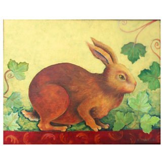 Danasimson.com Original oil Painting "Guilded Rabbit" shows a brown rabbit in grape vines. Metallic gold foil background. Decorative painting in black folk art frame with gold scrolling. Detail of rabbit.