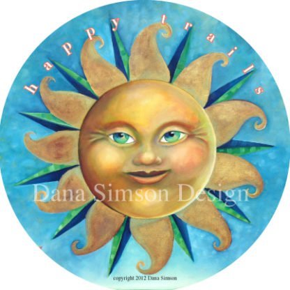 Danasimson.com "Happy Trails" with sun face car art sticker