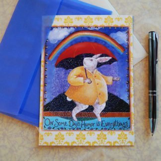 Danasimson.com Gift card "Some days humor is everything" rabbit with rain under umbrella with vellum envelope