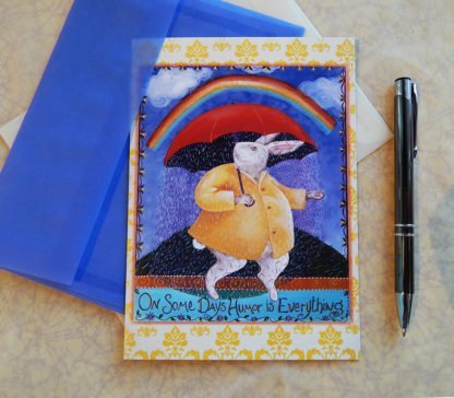 Danasimson.com Gift card "Some days humor is everything" rabbit with rain under umbrella with vellum envelope