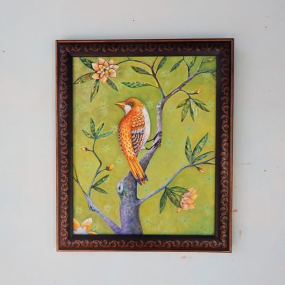 Danasimson.com original painting golden bird in folk art frame
