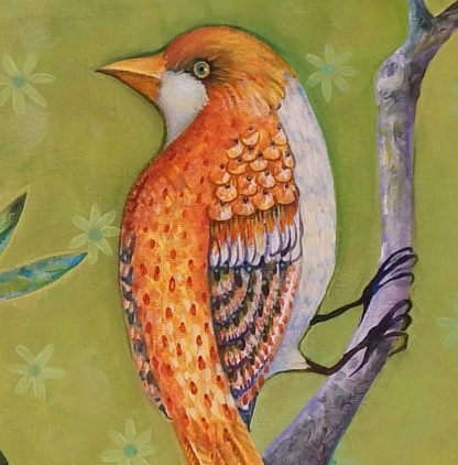 Danasimson.com original painting golden bird in folk art frame detail