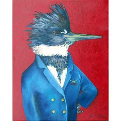 danasimson.com art print of a Kingfisher in a blue captain's jacket with a crown and fish on it. Bright red back ground.