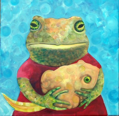 Art Print of a mam spade foot toad holding a tadpole baby. Bright aqua background