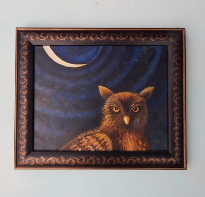 Danasimson.com original painting Night Owl in folk art frame detail