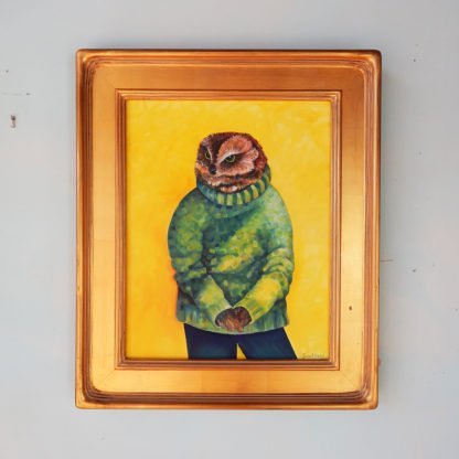 Danasimson.com original Owl portrait painting in gold frame