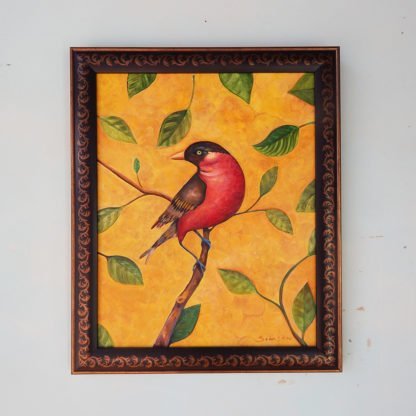 Danasimson.com original Red Bird painting in folk art frame