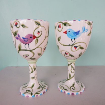 Danasimson.com Wedding goblets with birds over a floral background. Customizable.