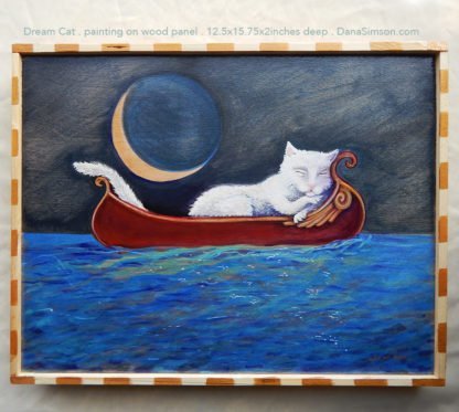 Danasimson.com cat asleep in canoe painting on wood