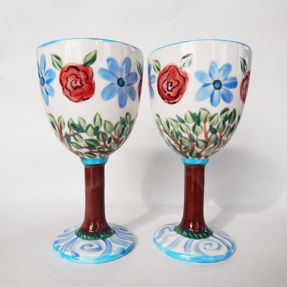 Two Long Love Custom Name Date Wedding Goblets Floral For Toast Ceramic 