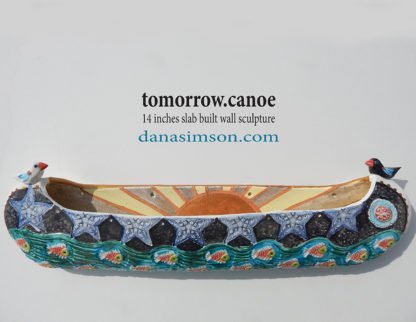 Danasimson.com Ceramic wall sculpture; Tomorrow canoe with sunrise interior
