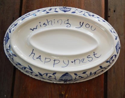 Danasimson.com Delft Blue birds "Happy.nest" Platter showing the bottom with phrase and where a personalized message or names would go.