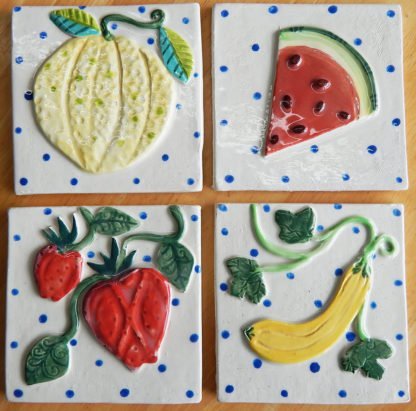 kitchen garden tiles Danasimson.com Custom ceramic tiles for kitchen; strawberry, squash, watermelon and cantaloupe.