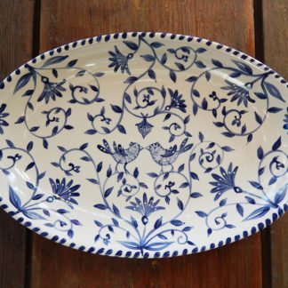 Danasimson.com Delft Blue birds "Happy.nest" Platter has hand painted love birds in a garden with acorns signifying long love.