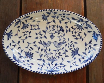 Danasimson.com Delft Blue birds "Happy.nest" Platter has hand painted love birds in a garden with acorns signifying long love.