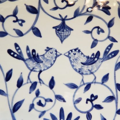 Danasimson.com Delft Blue birds "Happy.nest" Platter closeup of two birds brush work.