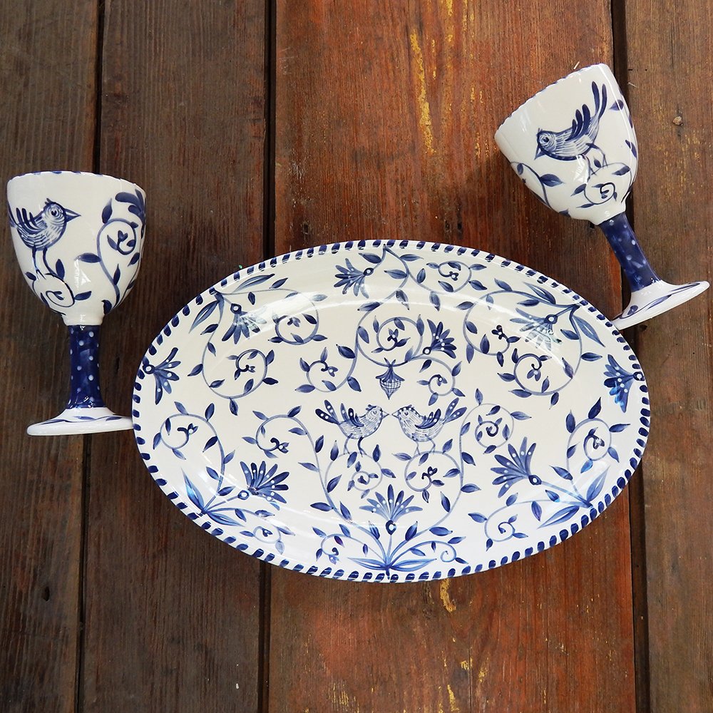 Danasimson.com Delft Blue birds "Happy.nest" Platter with two matching goblets. Customizable.