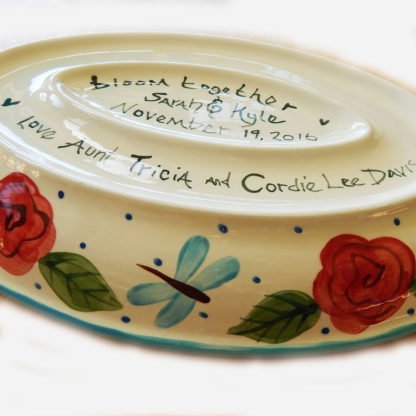 Danasimson.com Custom wedding platter long love bottom showing bride and grooms names and phrase bloom together