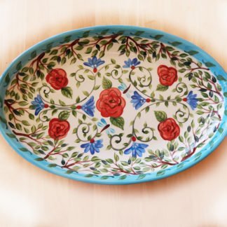 Danasimson.com Custom wedding platter long love is a well tended garden is handprinted on a ceramic oval platter. I am happy to paint a custom message on the bottom. Bachelor buttons and red roses with green vines decorate it.