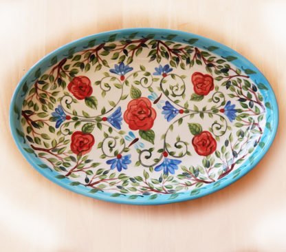 Danasimson.com Custom wedding platter long love is a well tended garden is handprinted on a ceramic oval platter. I am happy to paint a custom message on the bottom. Bachelor buttons and red roses with green vines decorate it.