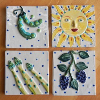 kitchen garden tiles Danasimson.com Custom ceramic tiles for kitchen; asparagus,blackberry. sun and snap peas.