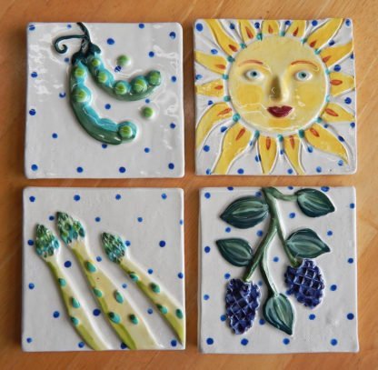 kitchen garden tiles Danasimson.com Custom ceramic tiles for kitchen; asparagus,blackberry. sun and snap peas.