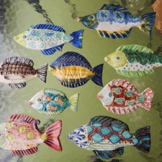 Danasimson.com Wall sculpture, hanging fish one of a kind, all colors with raised patterns in handmade ceramic.