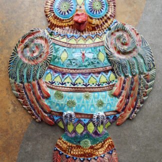 Danasimson.com Large ceramic Owl wall sculpture, with elaborate patterning and relief.