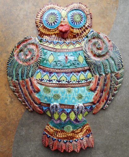 Danasimson.com Large ceramic Owl wall sculpture, with elaborate patterning and relief.