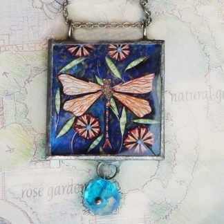 danasimson.com Handcrafted double sided beveled glass pendents with bead detail. dragonfly image.