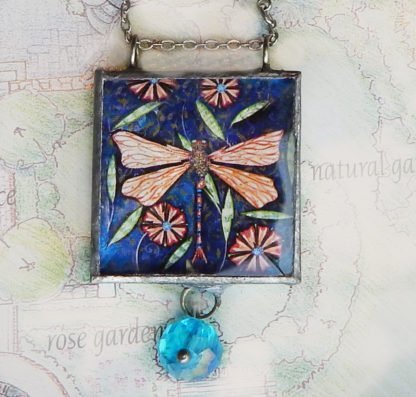 danasimson.com Handcrafted double sided beveled glass pendents with bead detail. dragonfly image.