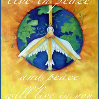 Danasimson.com Live in Peace Art Print shows a peace dove flying over earth. It says "live in peace & peace will live in you."