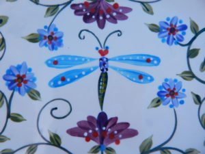 Danasimson.com Handmade ceramic colorful dragonfly platter detail.