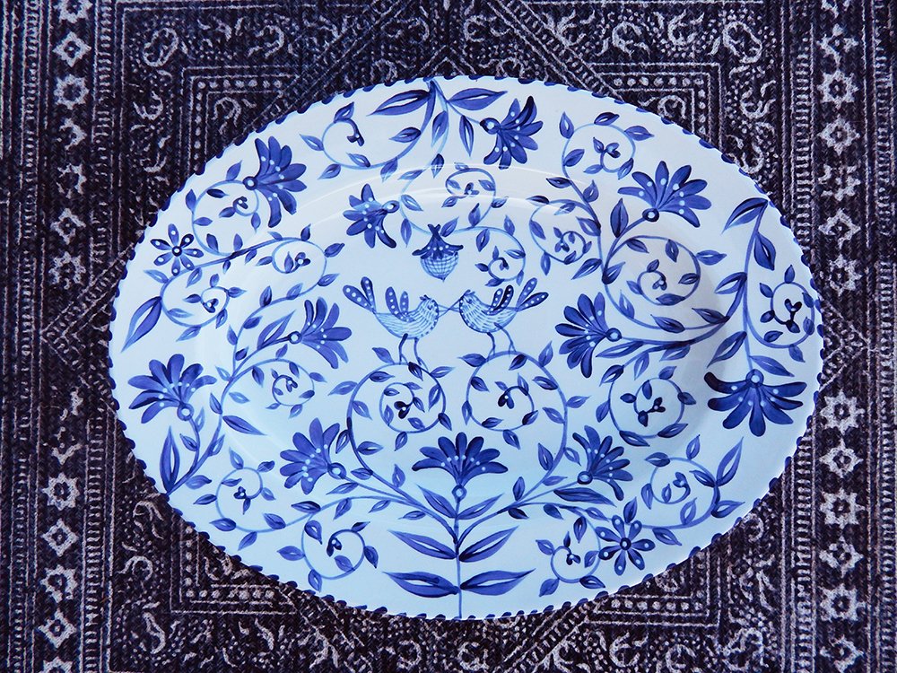 Danasimson.com Hand painted custom wedding large blue and white happy nest platter with birds and floral.