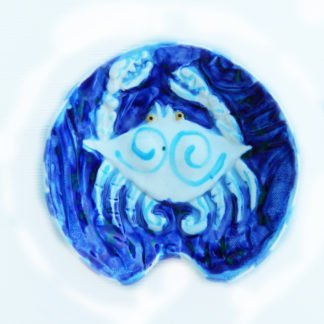 Danasimson.com Handmade ceramic crab spoon rest with blue waves.