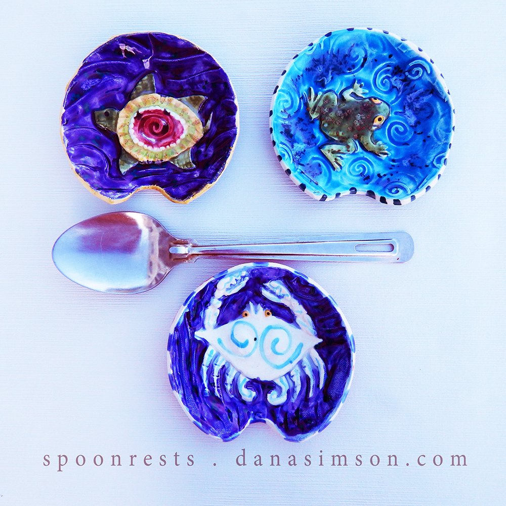 Danasimson.com Crab, turtle & frog raised image food safe ceramic.handmade ceramic spoon rests