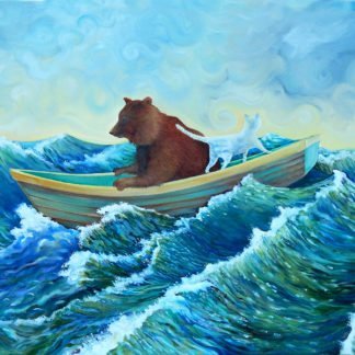 bear and cat in a boat